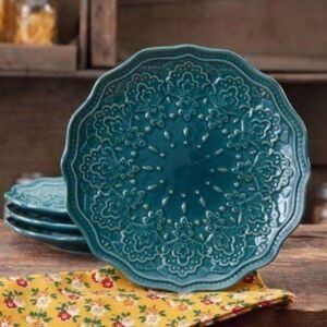 The Pioneer Woman Farmhouse Lace Teal Salad Plates‎ set of 12